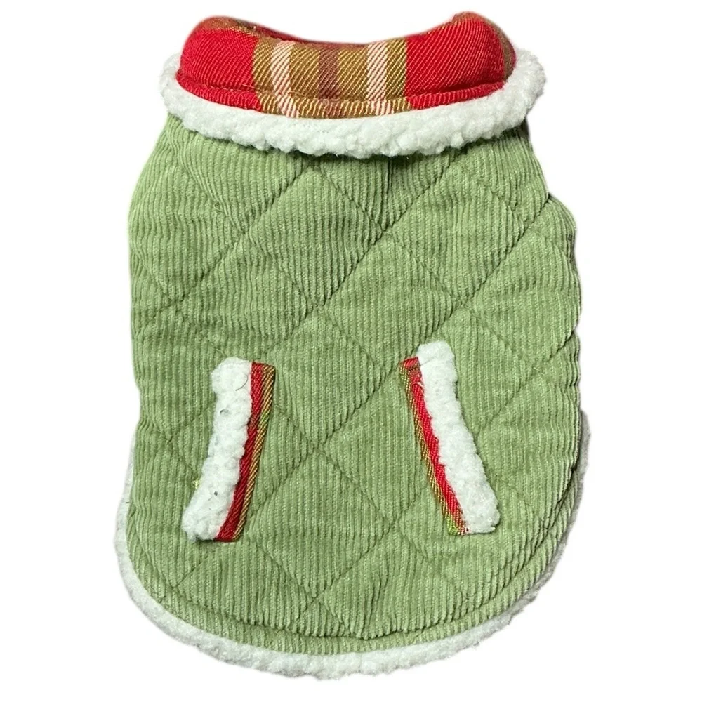 Green Quilted Dog Jacket with Red Plaid Accents